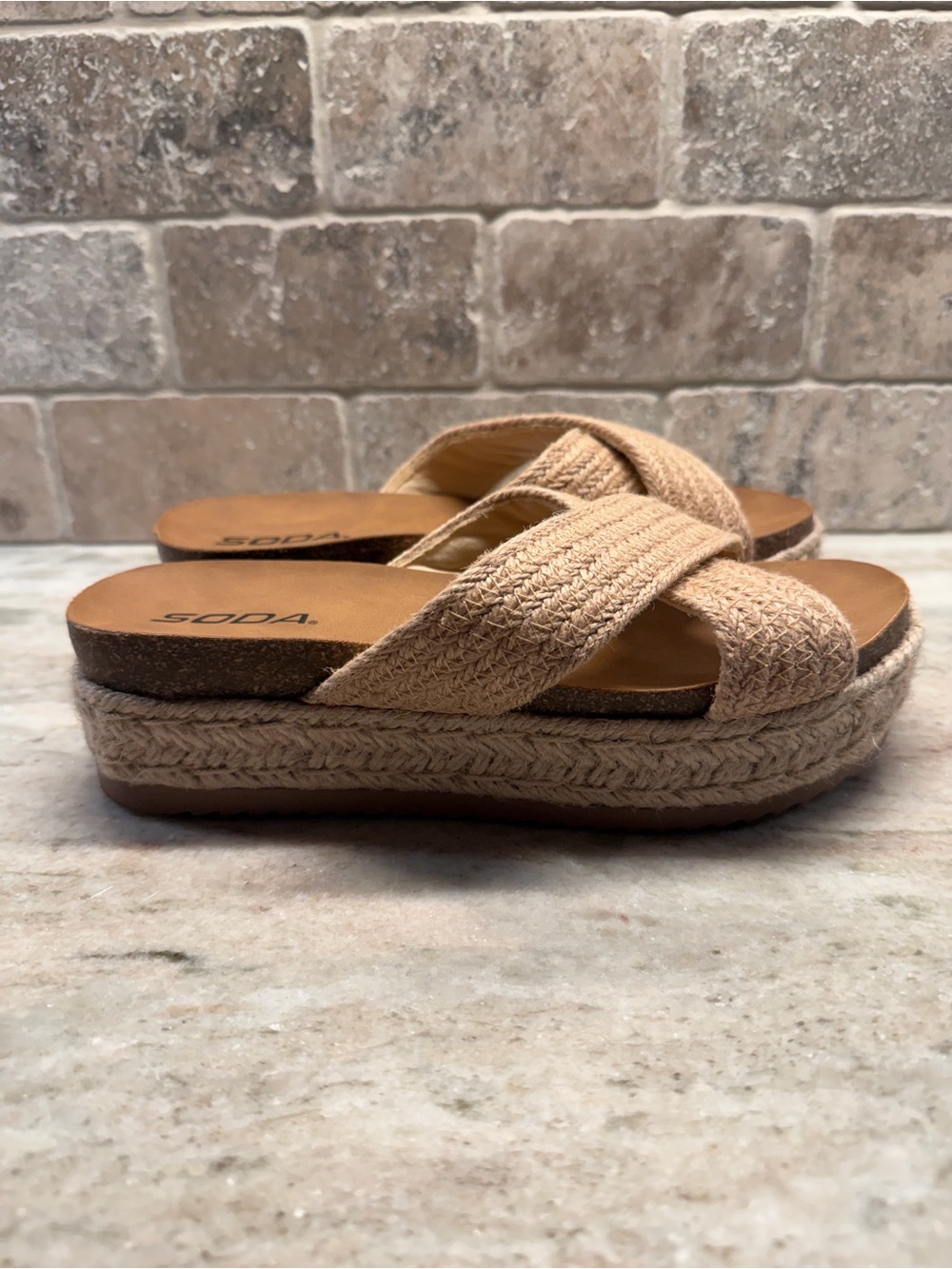 SODA Tan Braided Platform Slide Mules